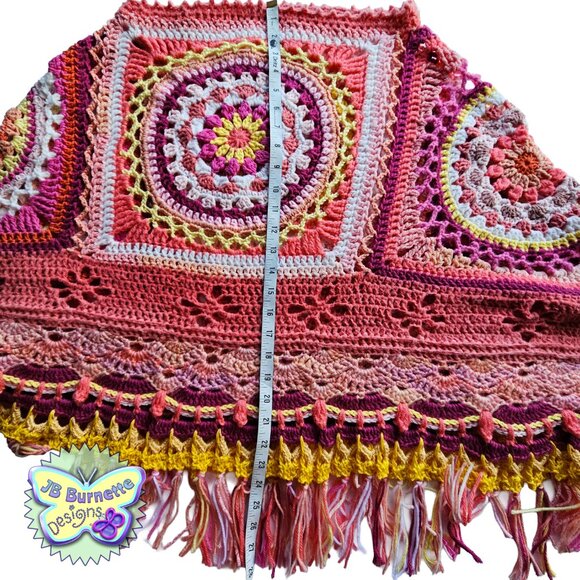 Handmade Crochet Boho Poncho in Orange, Pink, Yellow - Picture 11 of 13